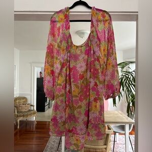 Show Me Your MuMu Pink and Green Floral mini dress with sleeves